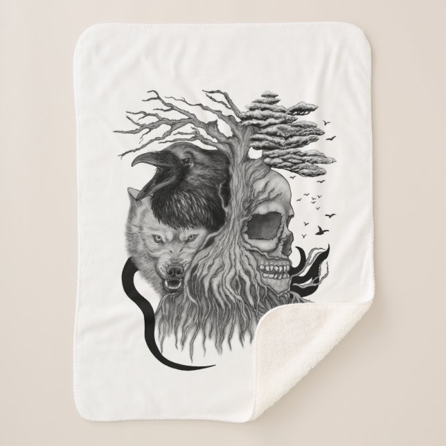 Wolf and Raven with Skull Sherpa Blanket (Front)