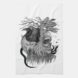 Wolf and Raven with Skull Tea Towel