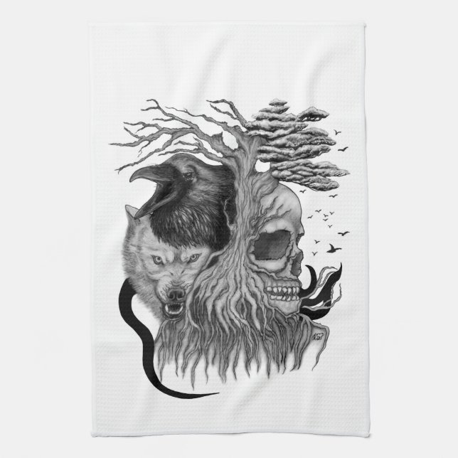 Wolf and Raven with Skull Tea Towel (Vertical)