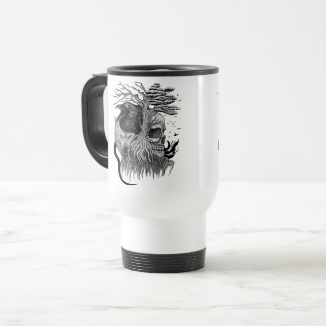 Wolf and Raven with Skull Travel Mug (Front Left)