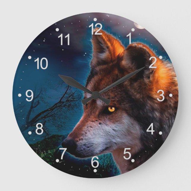 Wolf and the moon at midnigt large clock (Front)