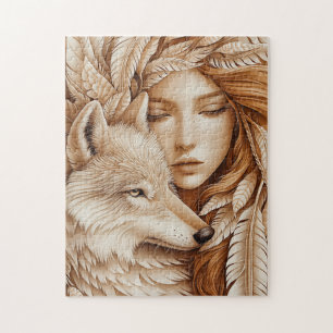 Wolf and Woman in Feathers Jigsaw Puzzle
