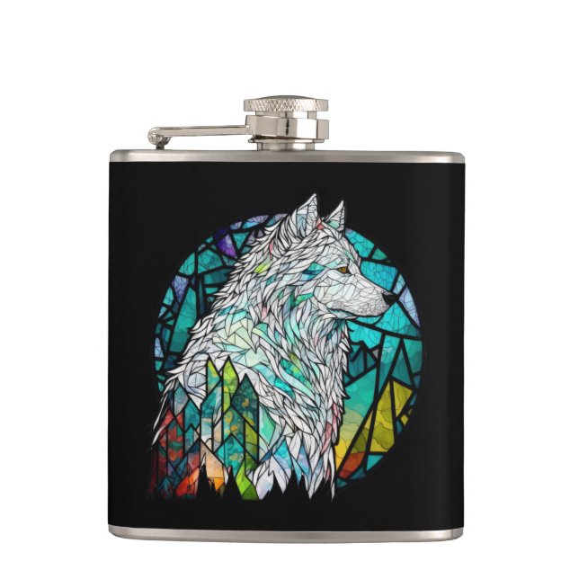 Wolf Animal Portrait Stained Glass Wildlife Forest Hip Flask (Front)