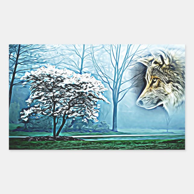 Wolf Animal Spirit Forest Landscape Abstract art Rectangular Sticker (Front)
