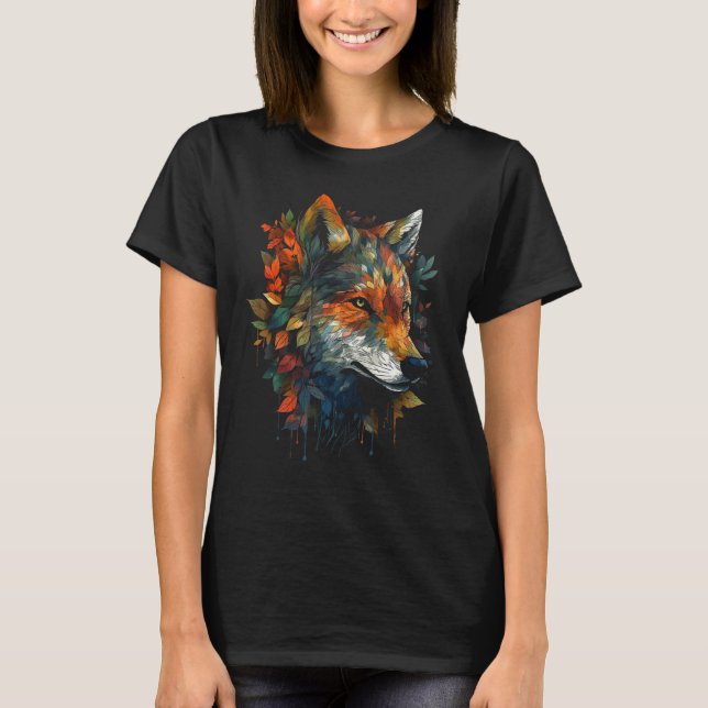 Wolf autumn leaves animal motif artwork  animal wo T-Shirt (Front)