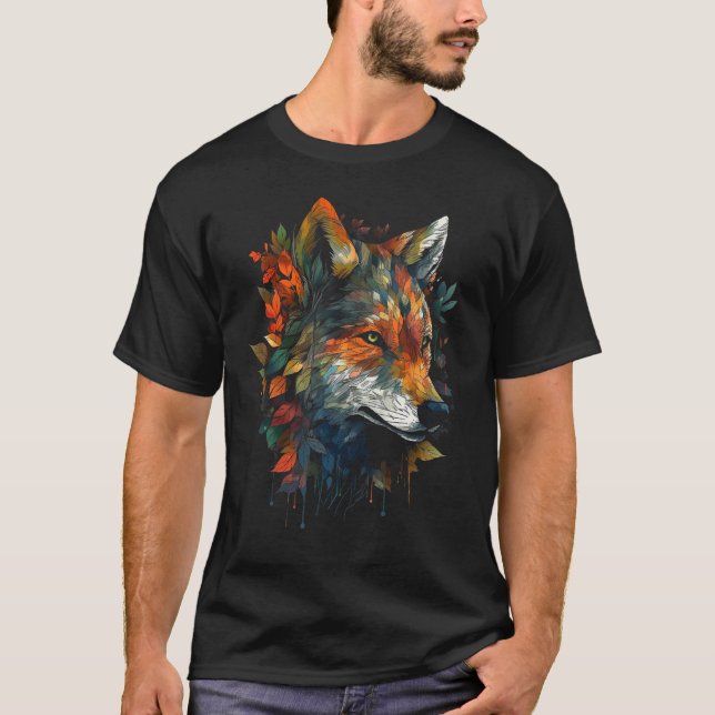 Wolf autumn leaves animal motif artwork  animal wo T-Shirt (Front)