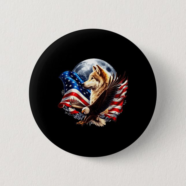 Wolf Bald Eagle American Flag Full Moon New Years  6 Cm Round Badge (Front)