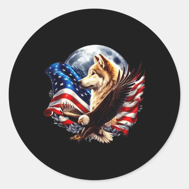 Wolf Bald Eagle American Flag Full Moon New Years  Classic Round Sticker (Front)
