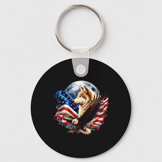 Wolf Bald Eagle American Flag Full Moon New Years  Key Ring (Front)