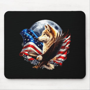 Wolf Bald Eagle American Flag Full Moon New Years  Mouse Pad