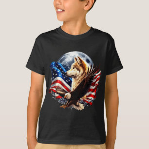 Wolf Bald Eagle American Flag Full Moon New Years  T-Shirt