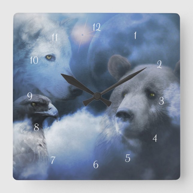Wolf Bear and Eagle Native American Square Wall Clock (Front)