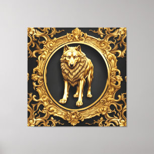 Wolf black and gold ornamental frame canvas print