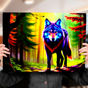 Wolf Bright Forest Animal Neon Dawn Wild  Poster