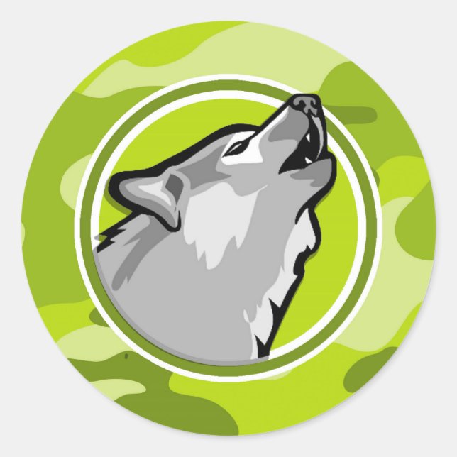 Wolf; bright green camo, camouflage classic round sticker (Front)