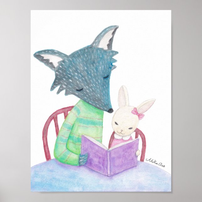 Wolf Bunny Poster Book Lover Nursery Wall Art (Front)