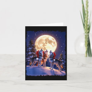 Wolf Christmas Funny 3 Wolf Howling Moon Santa Hat Card