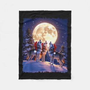 Wolf Christmas Funny 3 Wolf Howling Moon Santa Hat Fleece Blanket