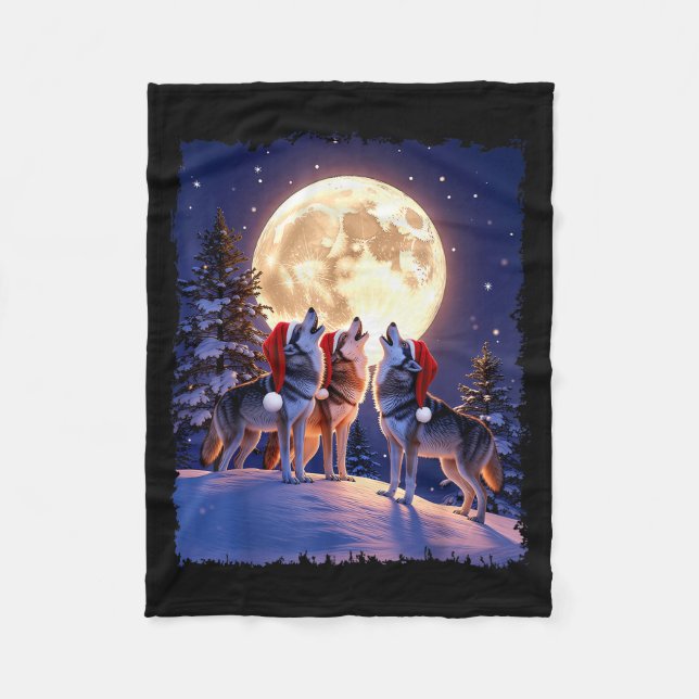 Wolf Christmas Funny 3 Wolf Howling Moon Santa Hat Fleece Blanket (Front)