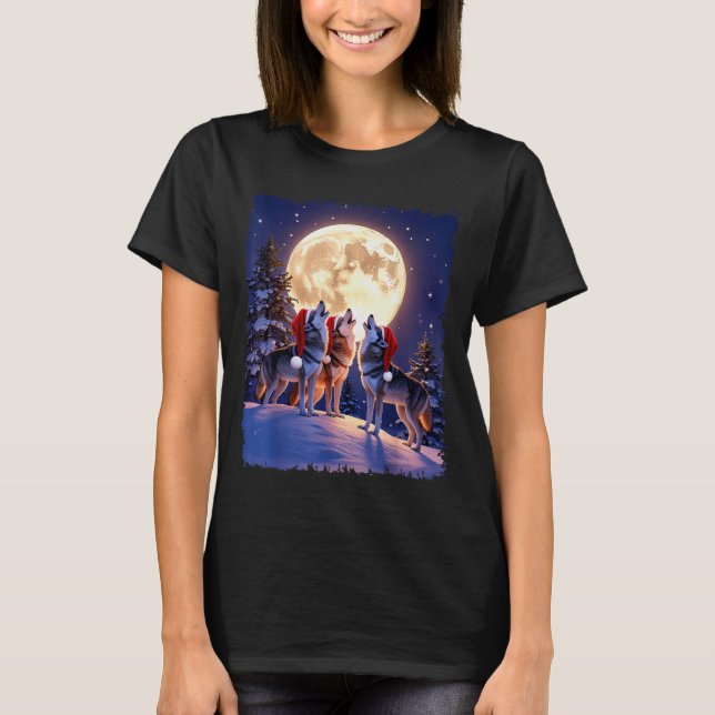 Wolf Christmas Funny 3 Wolf Howling Moon Santa Hat T-Shirt (Front)