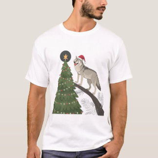 Wolf Christmas Funny Xmas tree Wearing Santa Hat  T-Shirt