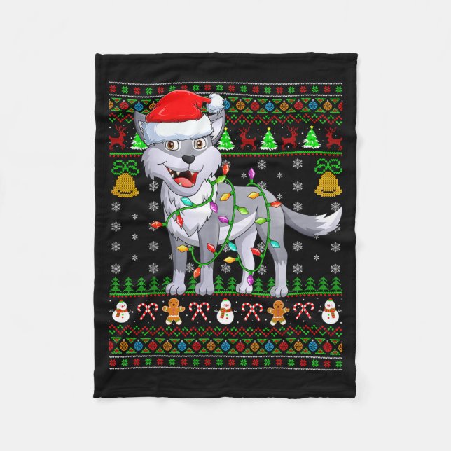 Wolf Christmas Lights Funny Santa Ugly Sweaters Cu Fleece Blanket (Front)