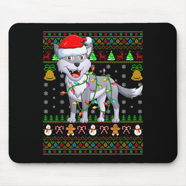 Wolf Christmas Lights Funny Santa Ugly Sweaters Cu Mouse Pad (Front)