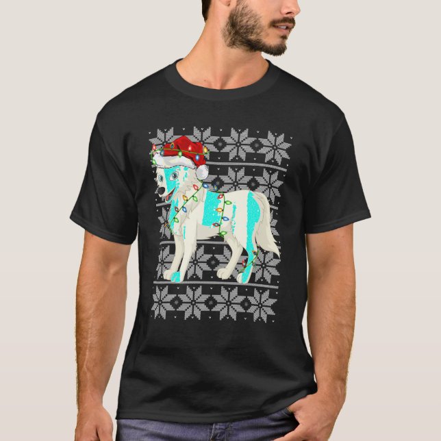 Wolf Christmas Lights Santa Hat Wolf Ugly Xmas T-Shirt (Front)