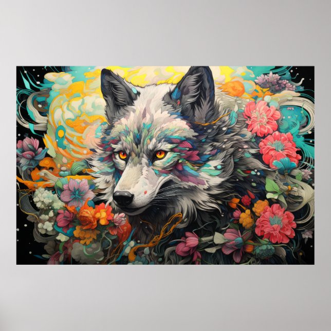 Wolf Colourful Animal Enchanting Abstract Poster (Front)