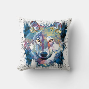 Wolf   Colourful Wolf Drawing   Abstract Painting  Cushion