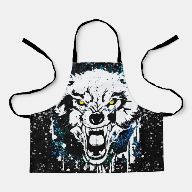 Wolf | Colourful Wolf Drawing | Dark Blue Apron (Front)