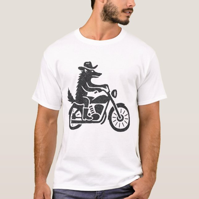 Wolf Cowboy Riding Motorcycle  T-Shirt (Front)