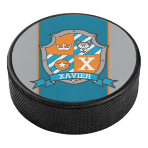 Wolf crest custom name orange blue monogrammed hockey puck