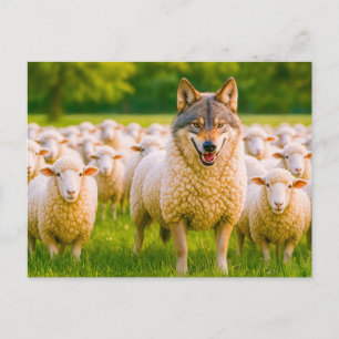 Wolf Disguised Among Sheep in Meadow Holiday Postcard