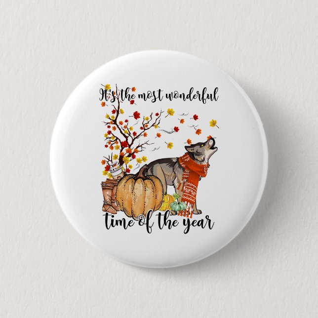 Wolf Dog Fall Pumpkins Autumn Leaf Tree  6 Cm Round Badge (Front)