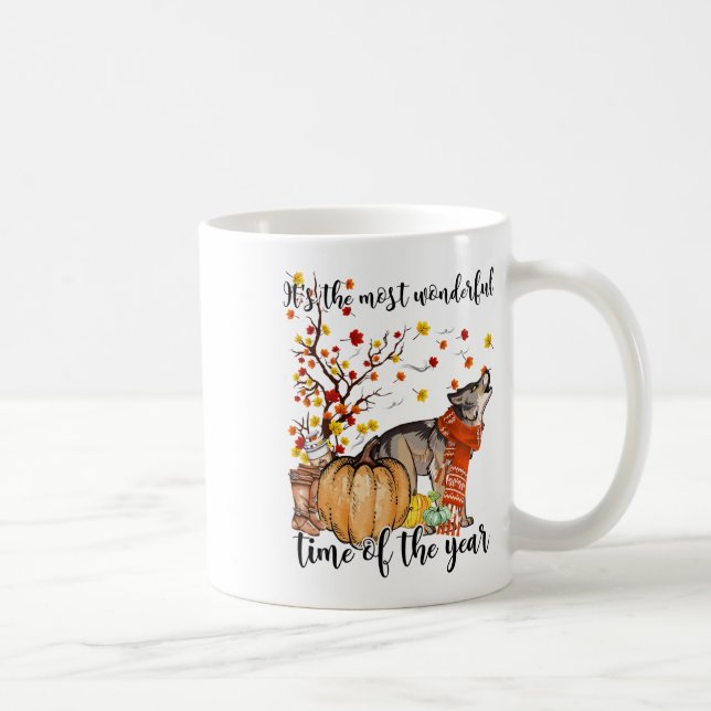 Wolf Dog Fall Pumpkins Autumn Leaf Tree  Coffee Mug (Right)
