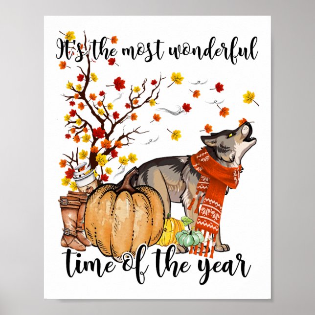 Wolf Dog Fall Pumpkins Autumn Leaf Tree  Poster (Front)