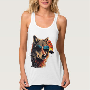 Wolf dog with sunglasses in the sunset gift ideas singlet