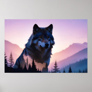 Wolf Double Exposure Animal Nature Wilderness Wild Poster