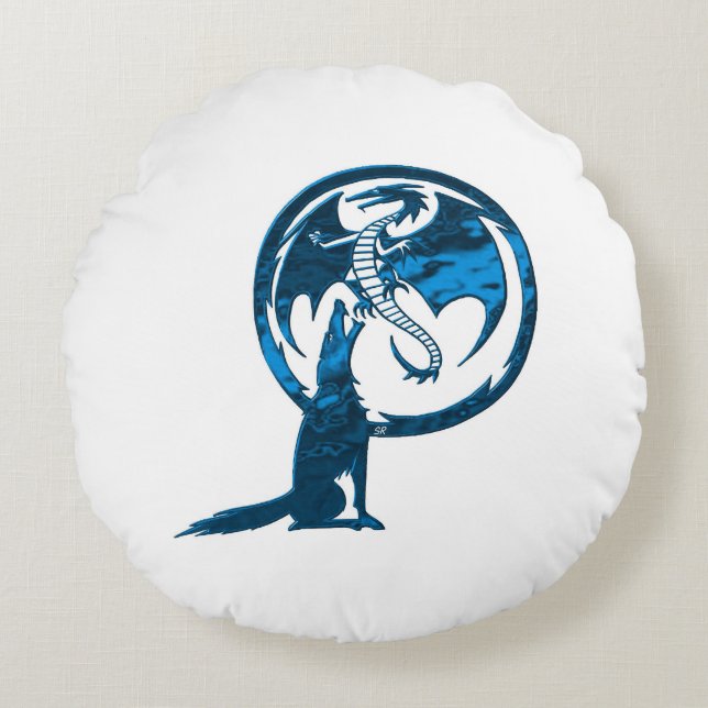Wolf & Dragon Blue round poly throw pillow (Front)