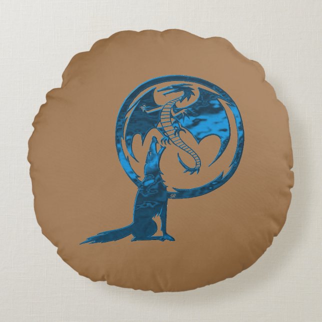 Wolf & Dragon Blue round tan cotton pillow (Front)