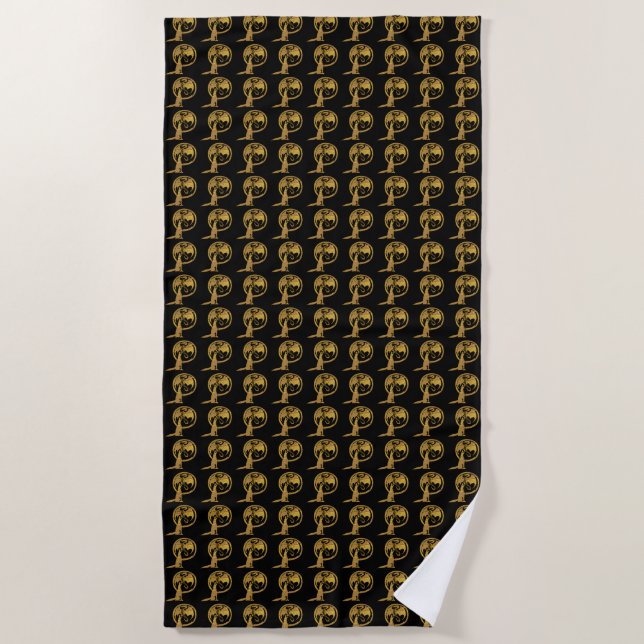 Wolf & Dragon Gold black beach towel (Front)