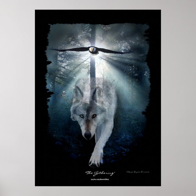 Wolf & Eagle Wildlife Gathering Art Poster (Front)