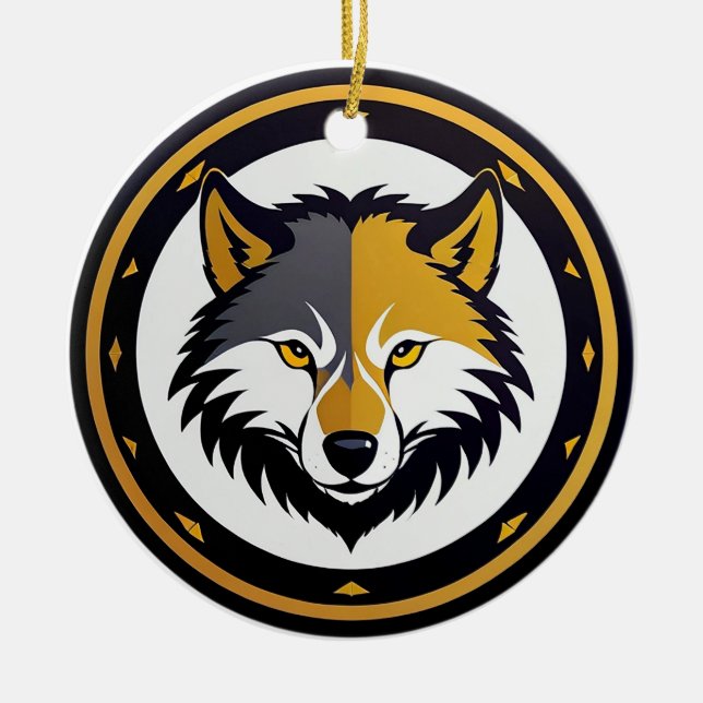 Wolf Emblem Logo With Golden Circle Ceramic Tree Decoration (Front)