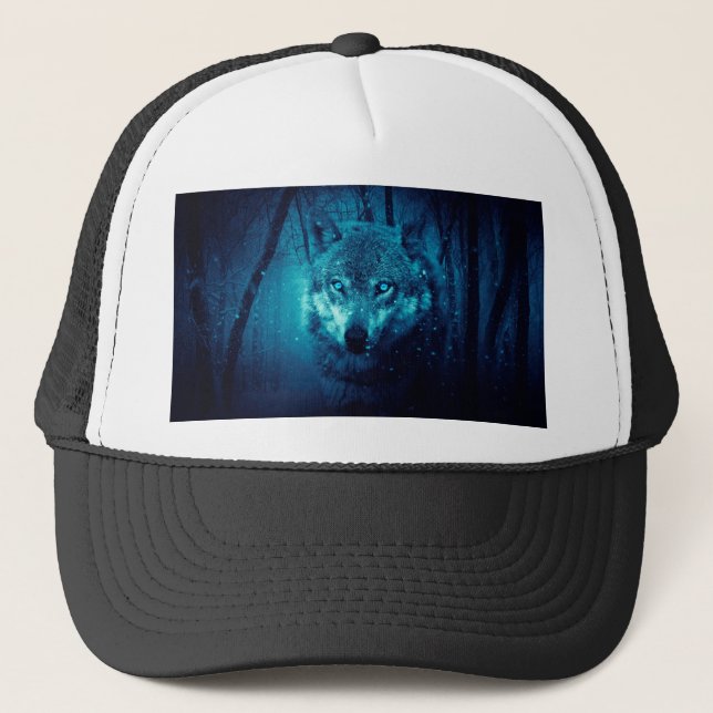 Wolf face in dark fantasy forest trucker hat (Front)