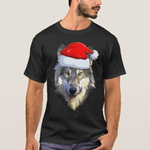 Wolf Face Xmas Santa Hat Wolves Christmas T-Shirt