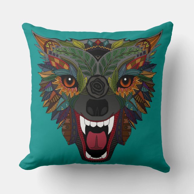 wolf fight flight teal cushion (Front)