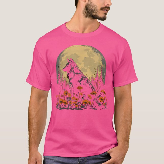 Wolf Floral Full Moon Wolves Flowers T-Shirt (Front)