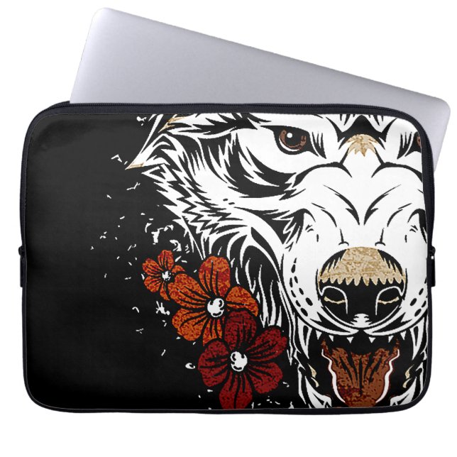 Wolf Flower Tatoo Vintage Laptop Sleeve (Front)