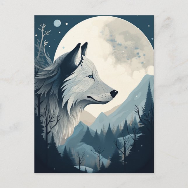 Wolf Full Moon Mountains Fantasy Art Postcard (Front)